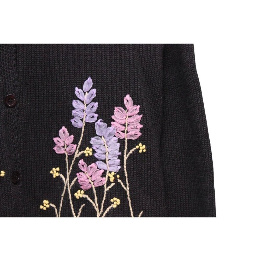 Vintage 90s Cardigan Sweater Size Large Floral Embroidered Grandmacore Ramie - Picture 5 of 14
